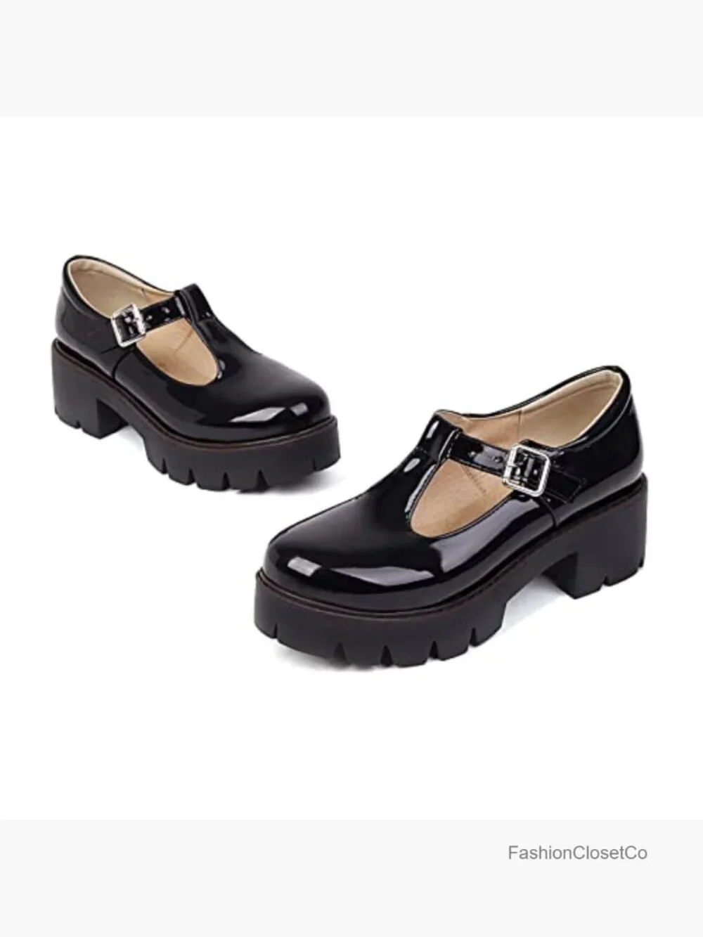 Chunky Platform Mary Janes with Buckle Strap Patent Leather School Shoes